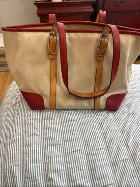 Coach Cream Canvas Tote with Red Trim and Tan Leather Straps